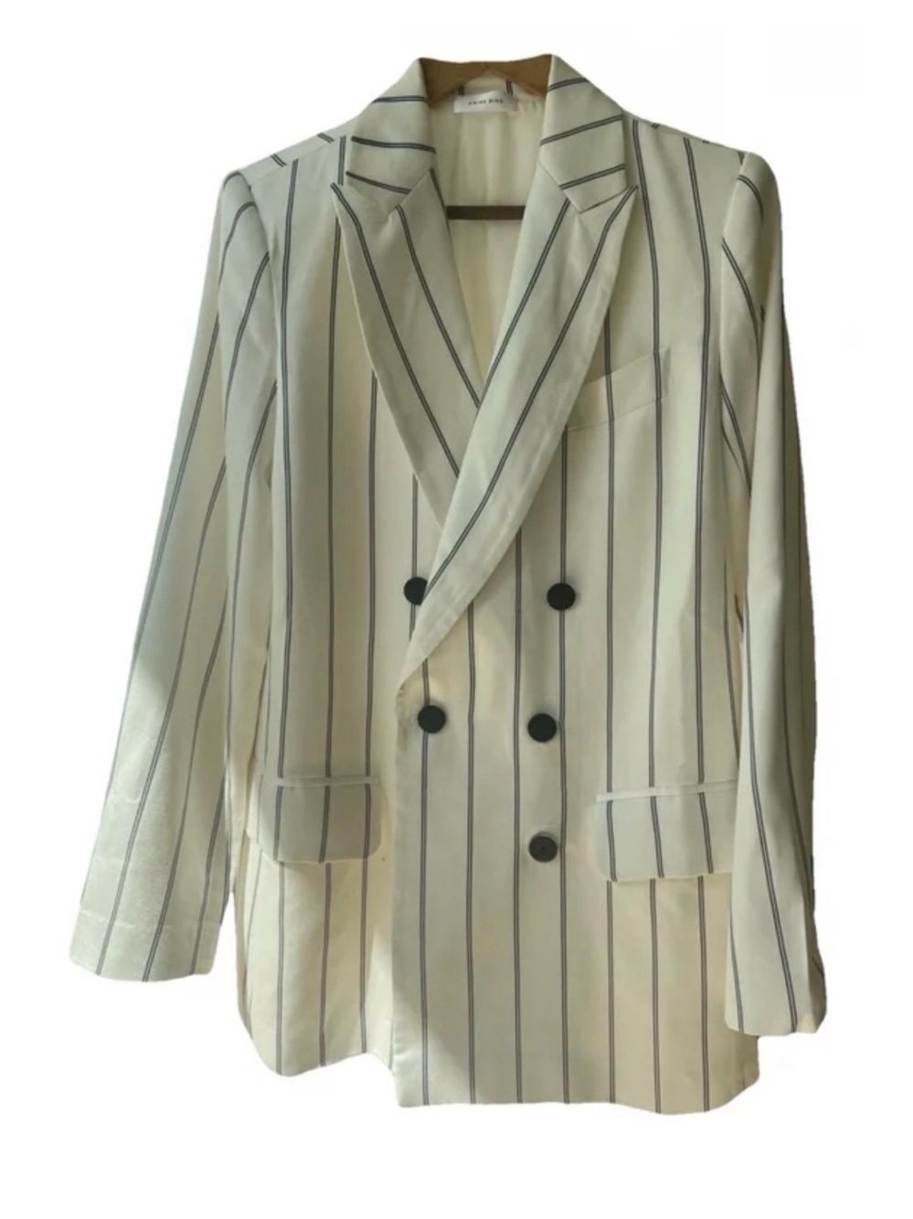 Anine Bing Cream Double-Breasted Pinstripe Blazer